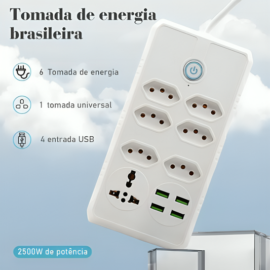 Extensão Elétrica 7 Tomadas Régua Bivolt C/ 4 Usb Cabo 2m