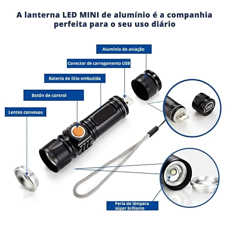 Mini Lanterna Tática Militar Longo Alcance T6 LED Recarregável USB Luz Branco DT-62