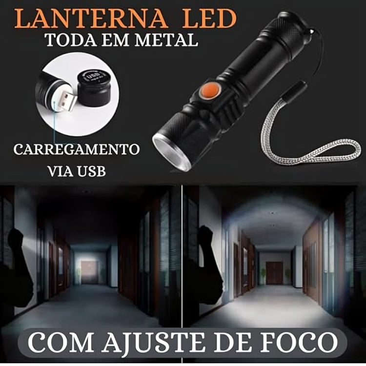 Mini Lanterna Tática Militar Longo Alcance T6 LED Recarregável USB Luz Branco DT-62